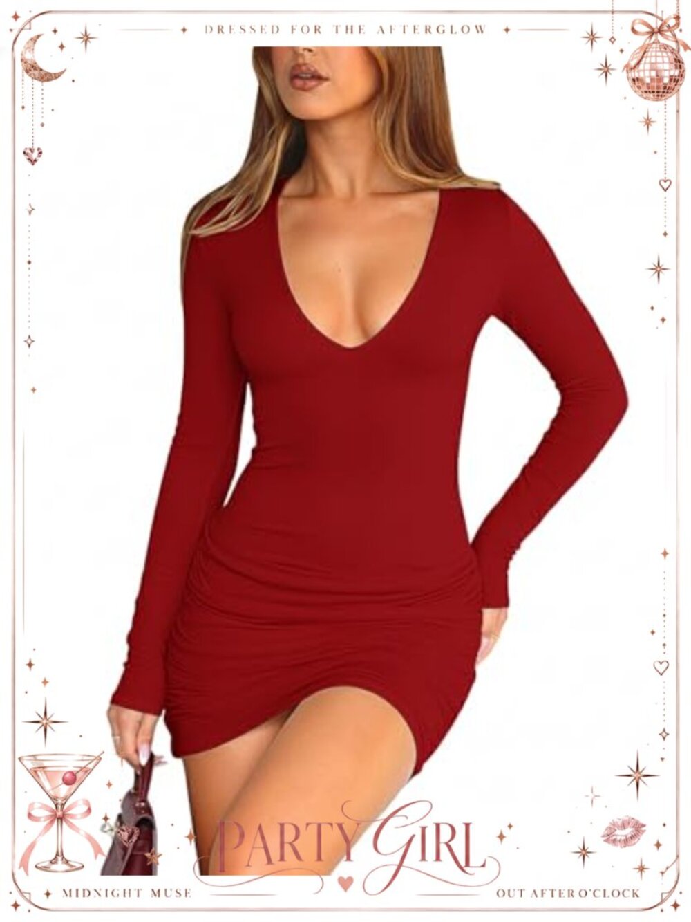 Long Sleeve Deep V Neck Ruched Bodycon Mini Dress Club Party